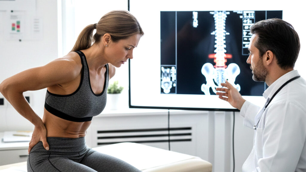 Athletic woman with back pain at a doctor appointment.