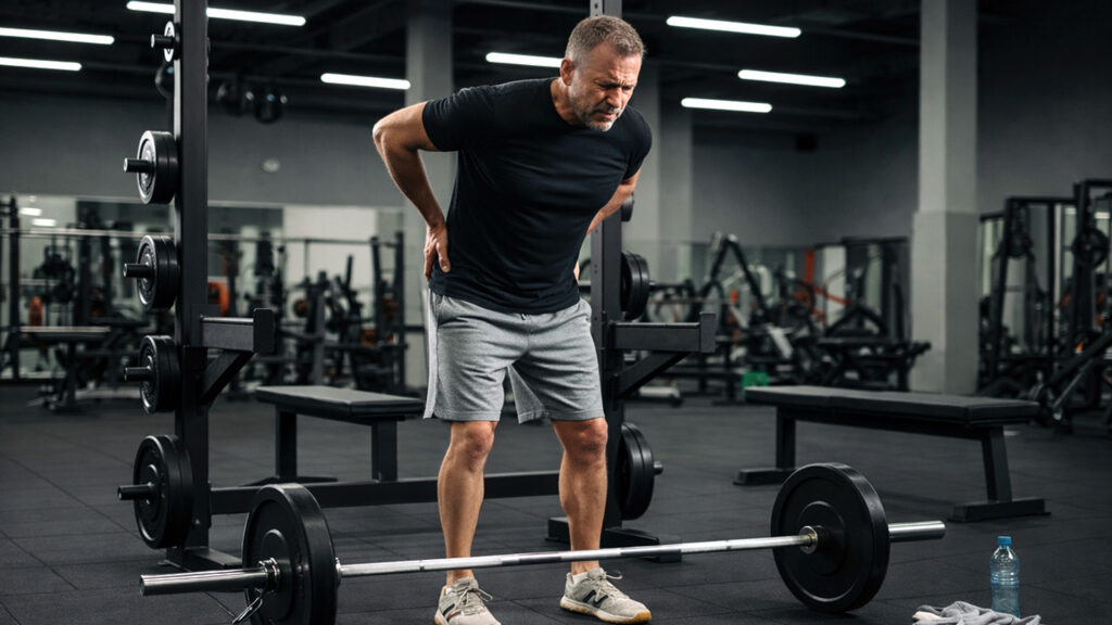 Man holding his back because of pain after deadlifting.